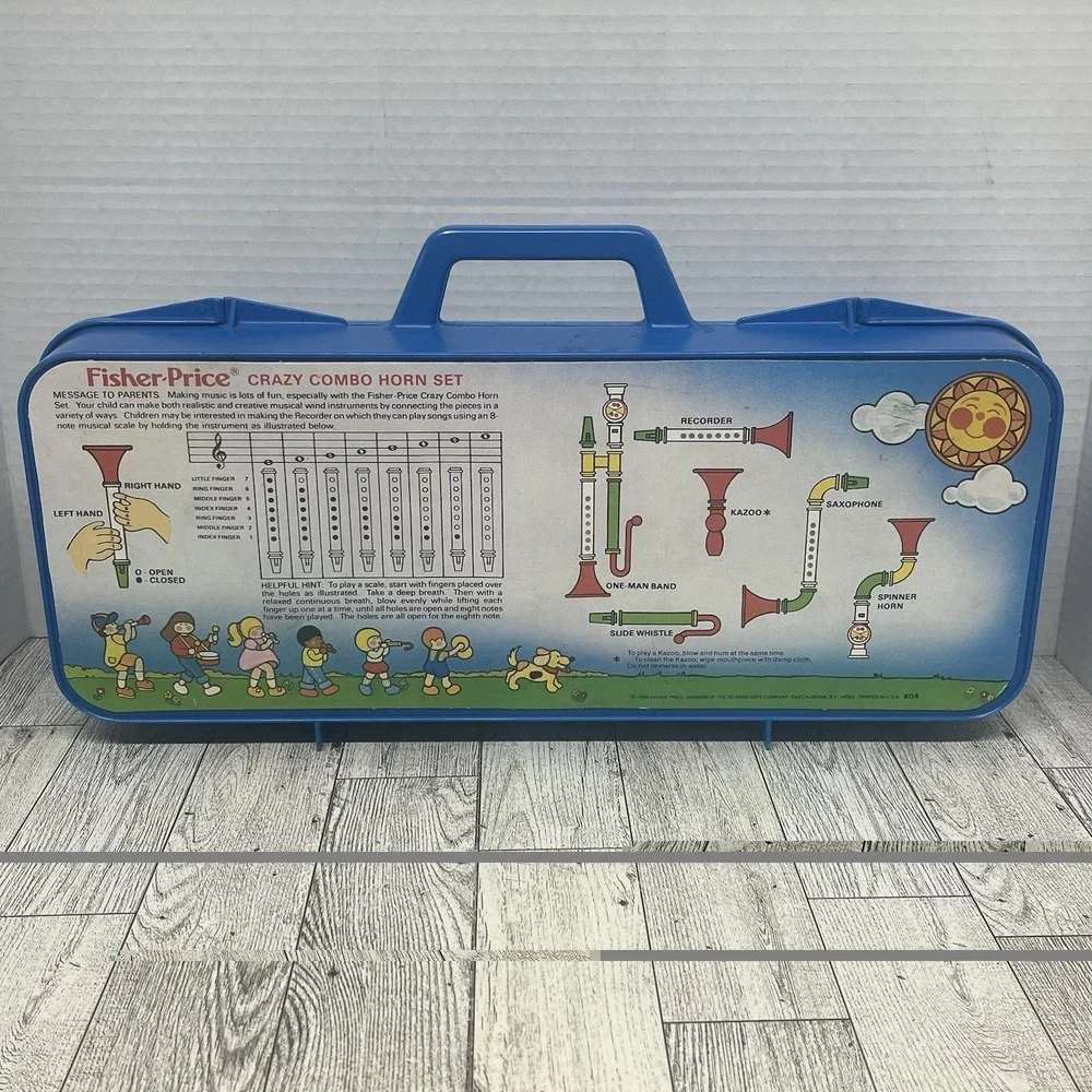 Vintage 1984 Fisher-Price Crazy Combo Horn Set 604 Incomplete Blue Case